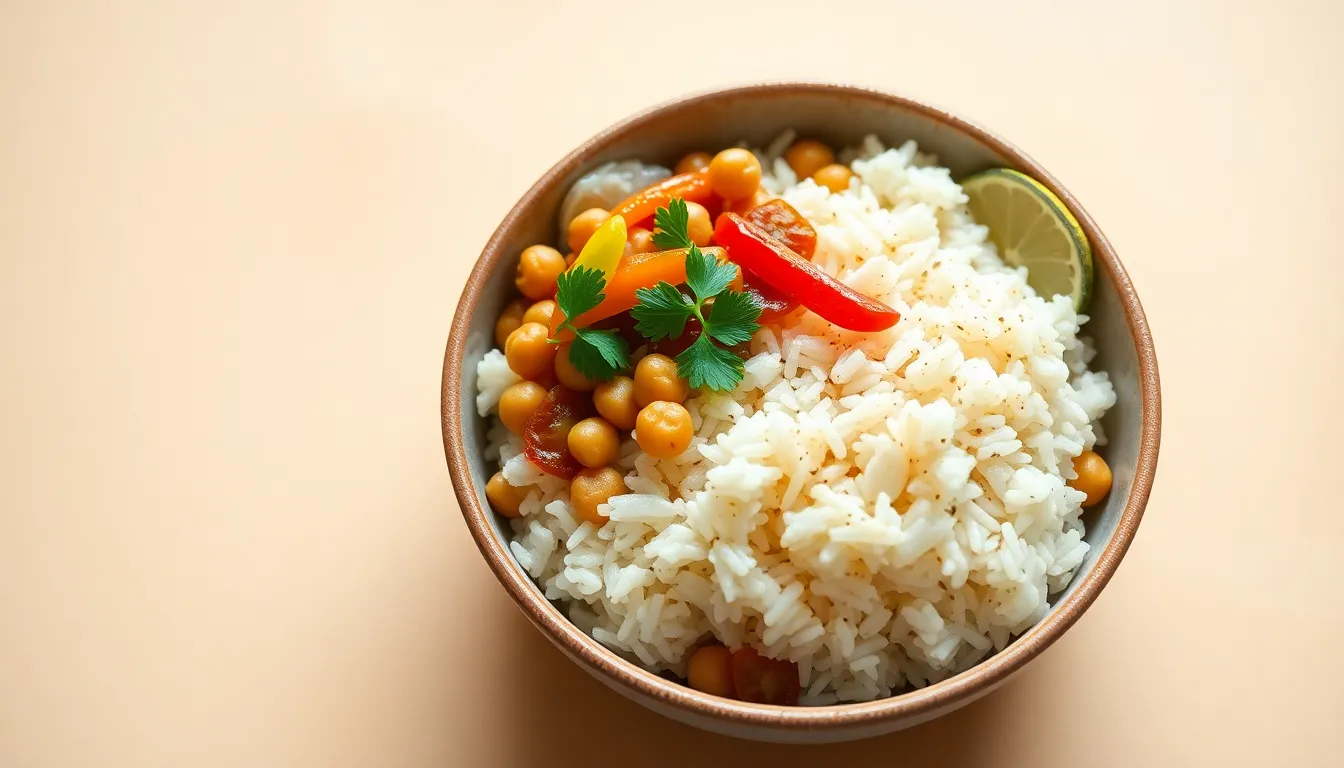 Chickpea rice bowl with white rice, chickpeas, sauteed onions, red pepper, and lemon