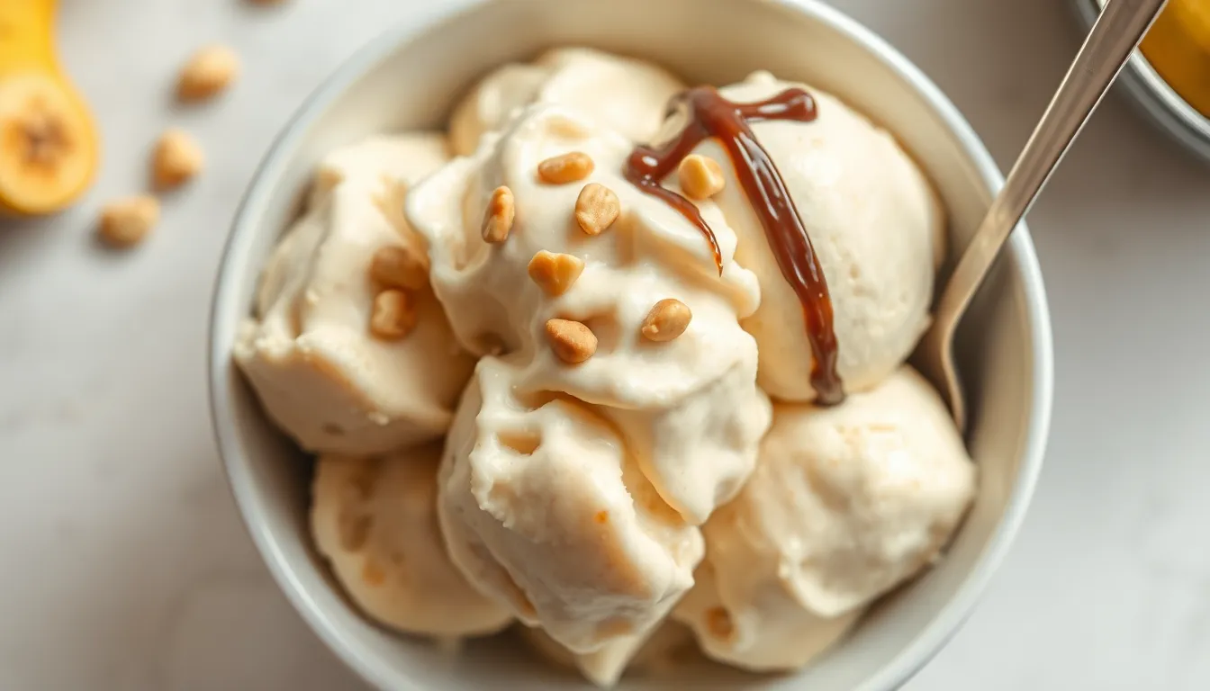 Banana nice cream in a bowl topped with peanut butter drizzle and chopped peanuts