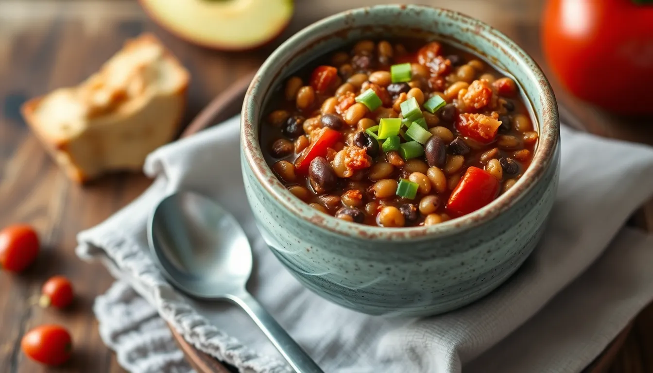 Lentil chili in a bowl with beans, tomatoes, and green onion garnish