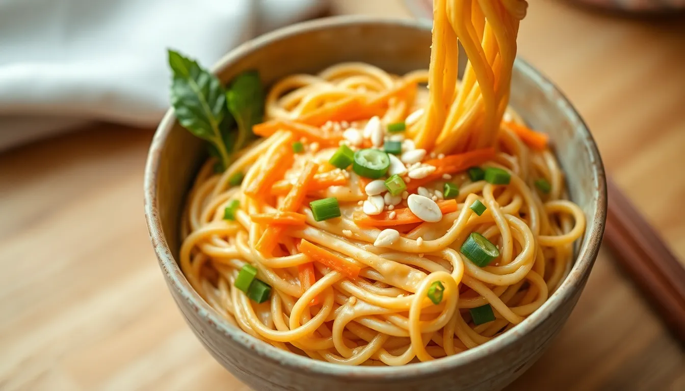 Peanut noodles in a bowl topped with shredded carrots, green onions, and chopped peanuts