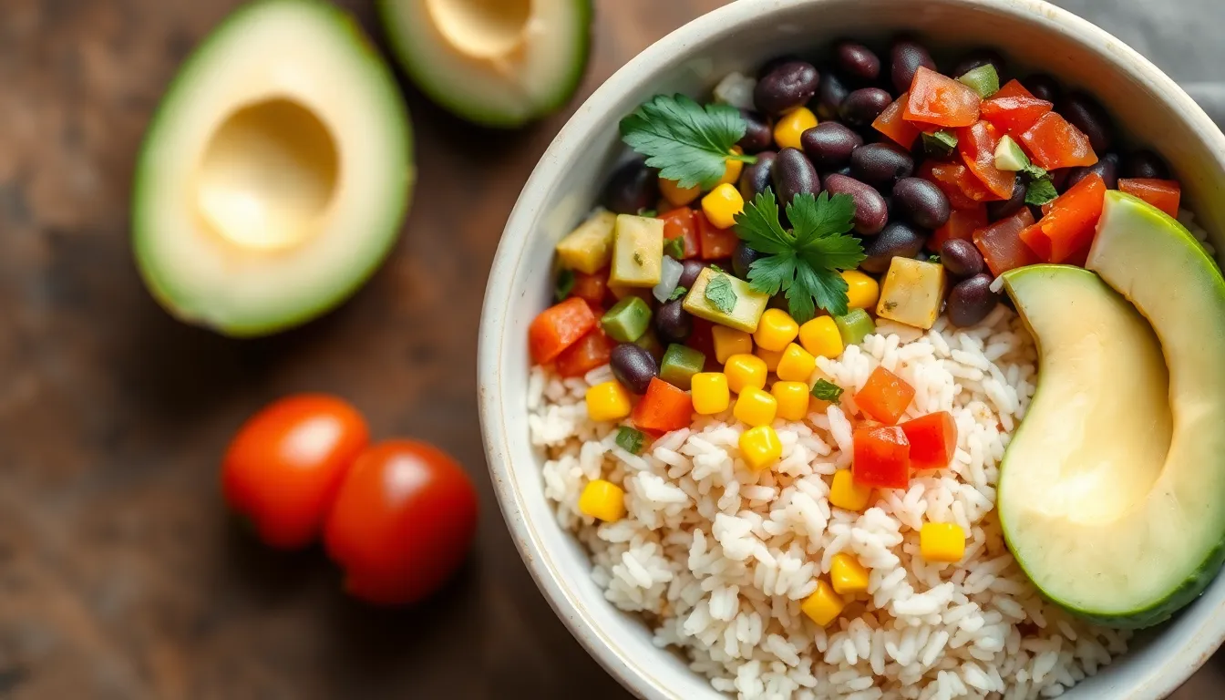 Vegan burrito bowl with rice, black beans, corn, avocado, and tomatoes